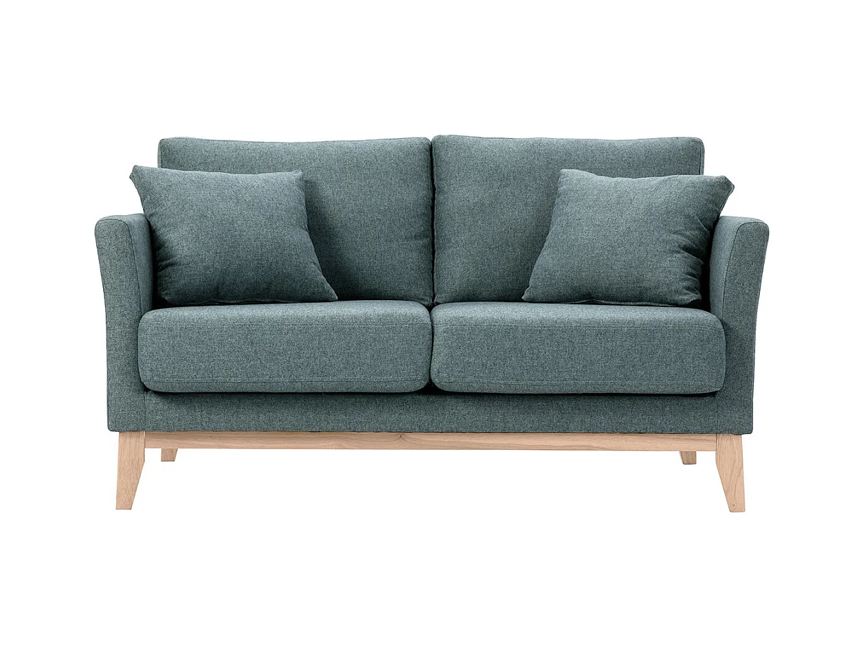 Canapé scandinave déhoussable 2 places en tissu vert de gris et bois clair OSLO