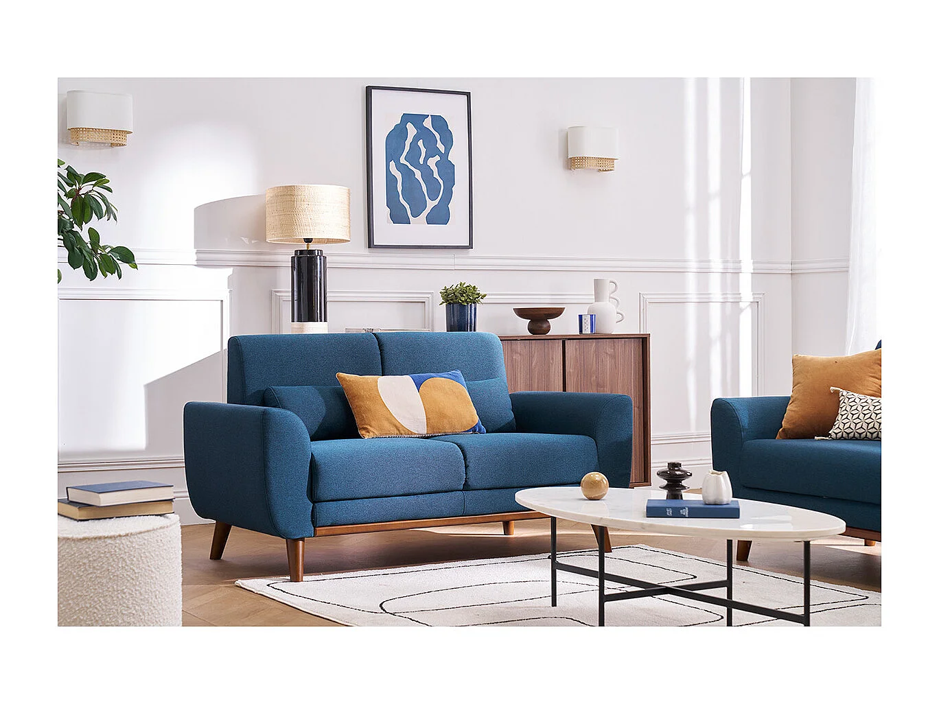 Canapé 2 places en tissu bleu foncé et bois foncé EKTOR