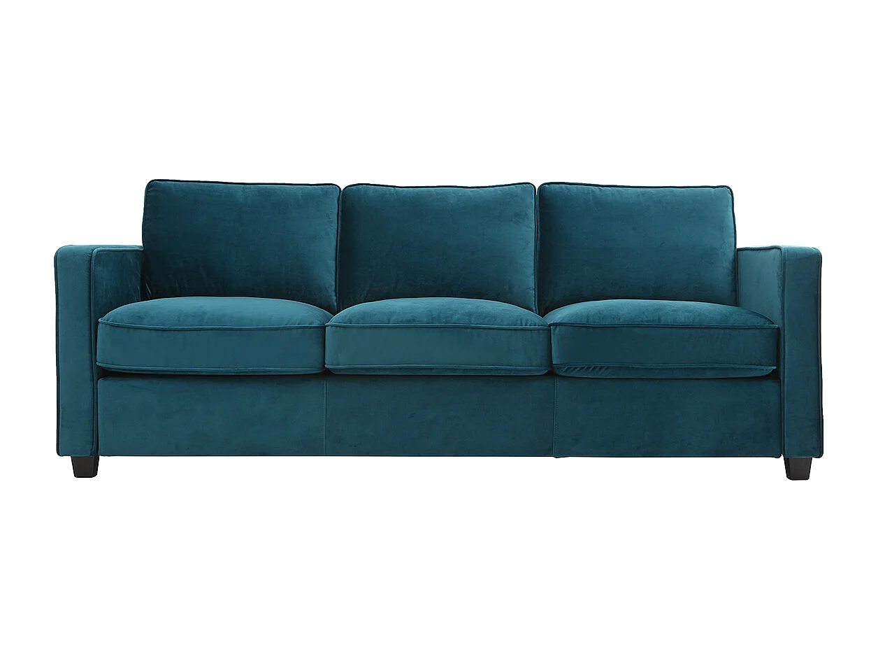 Canapé design 3 places en tissu velours bleu pétrole et bois noir BROOKLYN