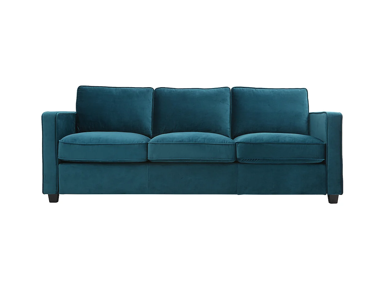 Canapé design 3 places en tissu velours bleu pétrole et bois noir BROOKLYN