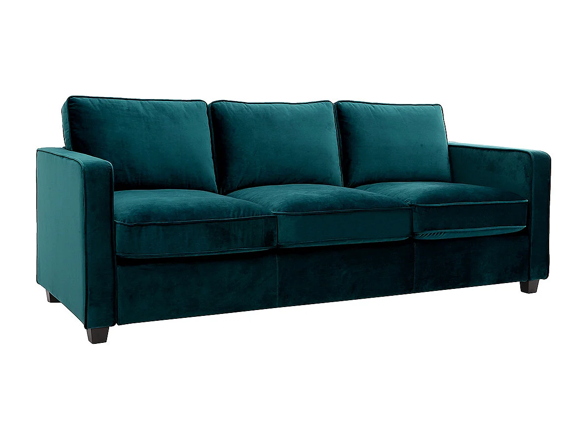 Canapé design 3 places en tissu velours bleu pétrole et bois noir BROOKLYN