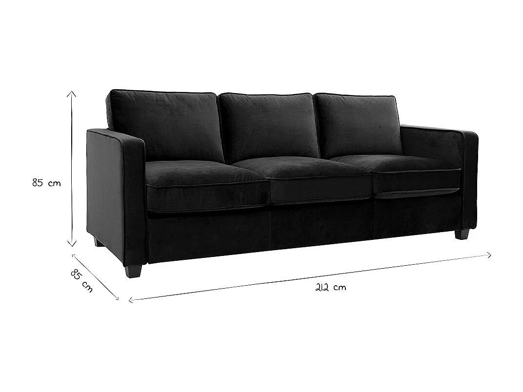 Canapé design 3 places en tissu velours bleu pétrole et bois noir BROOKLYN