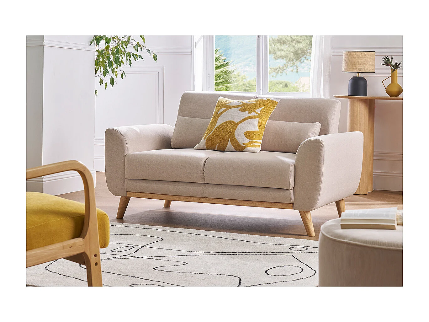 Sofá diseño 2 plazas tejido natural y patas roble EKTOR