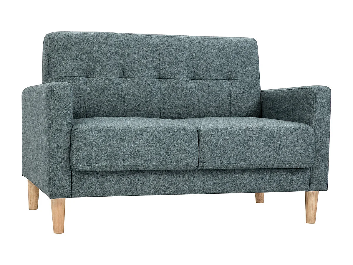 Sofá nórdico 2 plazas de tela verde grisáceo y madera clara MOON