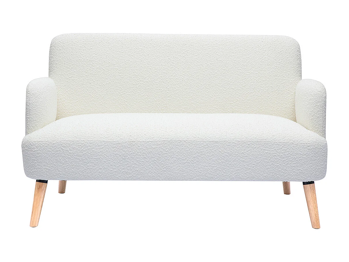 Divano scandinavo 2 posti in tessuto effetto lana bouclé bianco e legno chiaro ISKO
