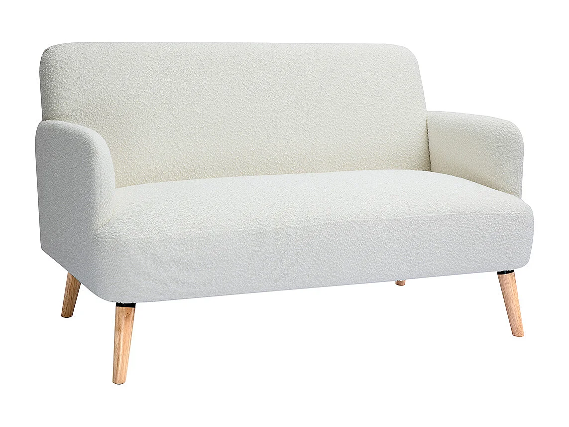 Divano scandinavo 2 posti in tessuto effetto lana bouclé bianco e legno chiaro ISKO