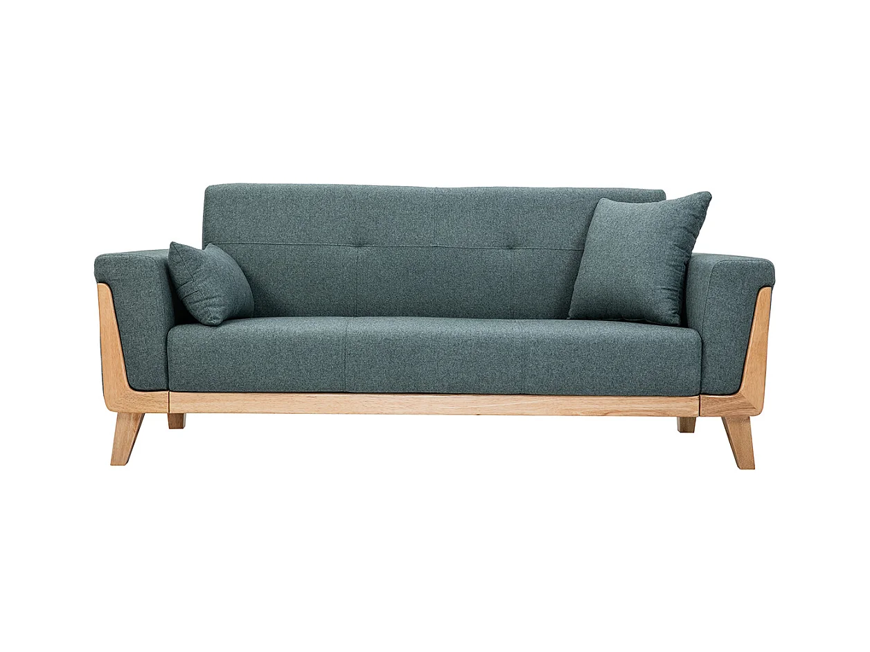 Canapé scandinave 3 places en tissu vert de gris et bois clair FJORD
