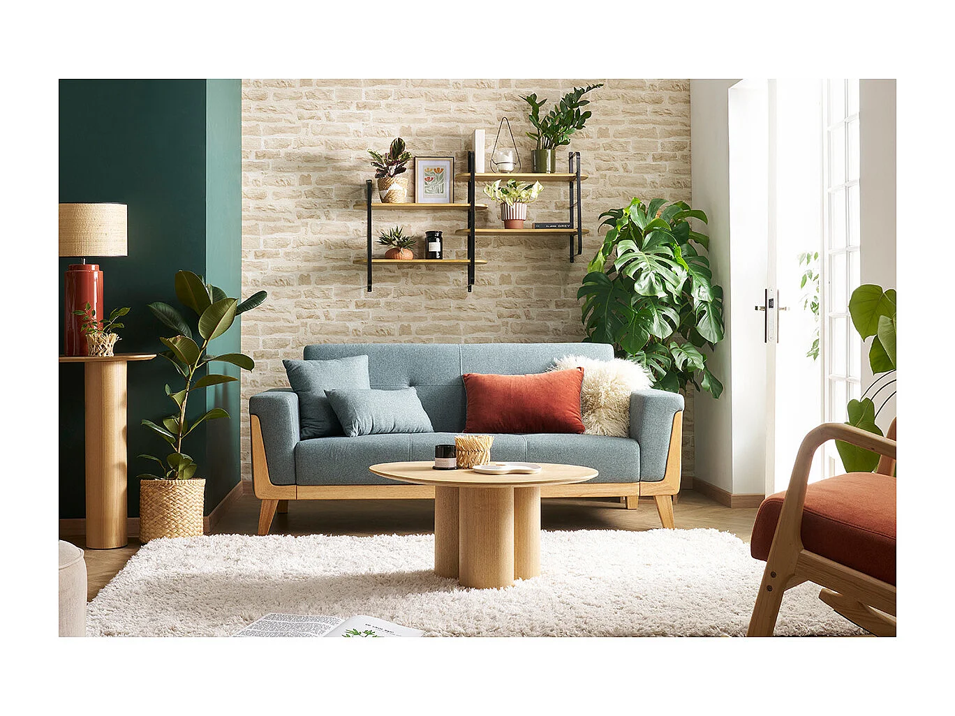 Skandinavisches Sofa 3-Sitzer aus graugrünem Stoff und hellem Holz FJORD