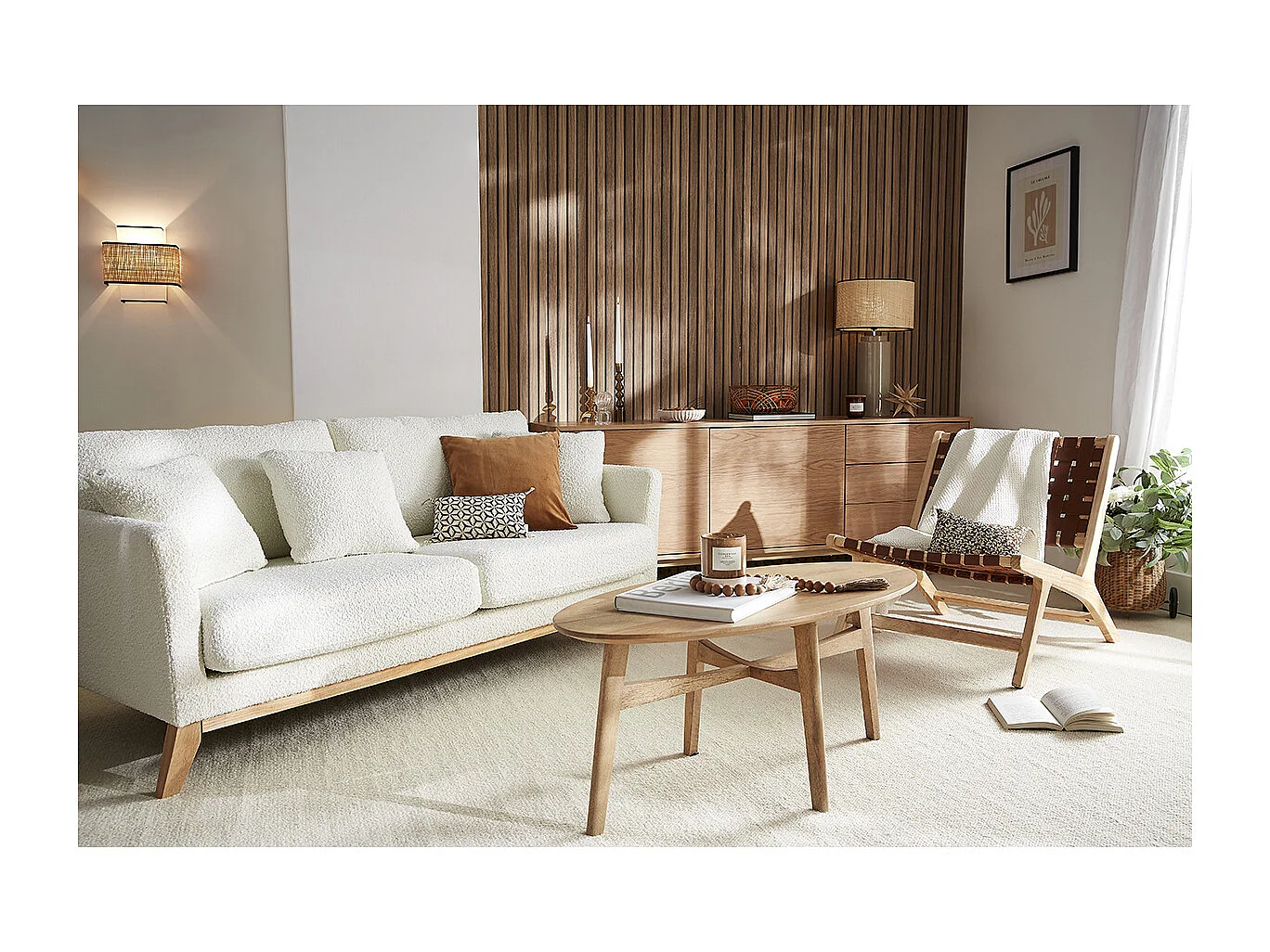 Canapé scandinave déhoussable 3 places en tissu effet laine bouclée blanc cassé et bois clair OSLO