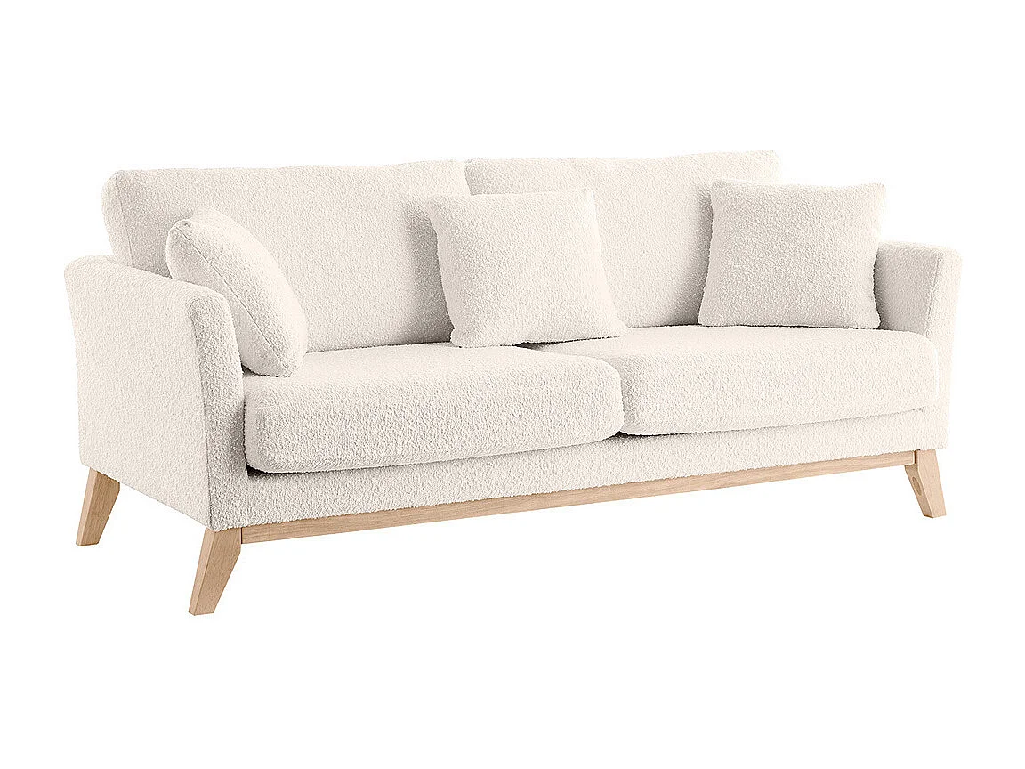 Canapé scandinave déhoussable 3 places en tissu effet laine bouclée blanc cassé et bois clair OSLO