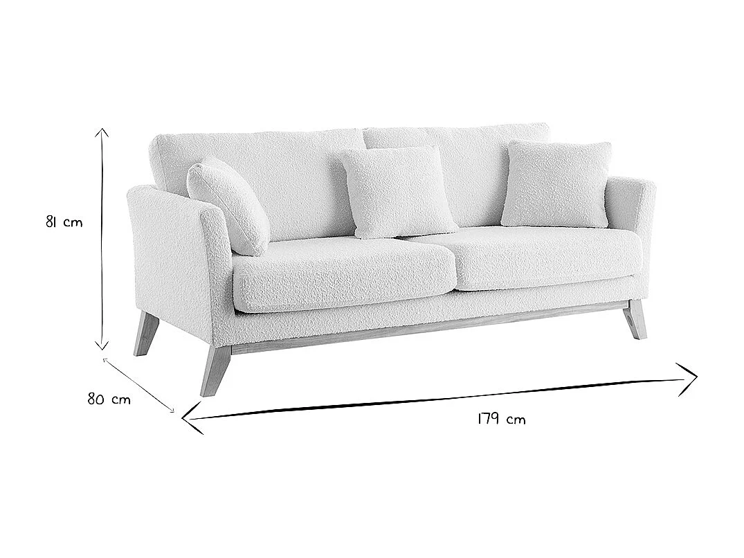 Canapé scandinave déhoussable 3 places en tissu effet laine bouclée blanc cassé et bois clair OSLO