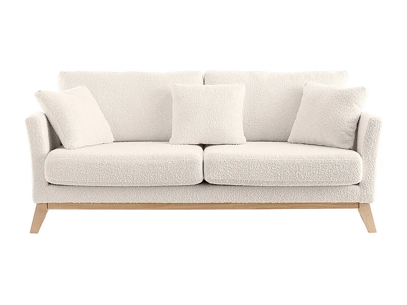 Canapé scandinave déhoussable 3 places en tissu effet laine bouclée blanc cassé et bois clair OSLO