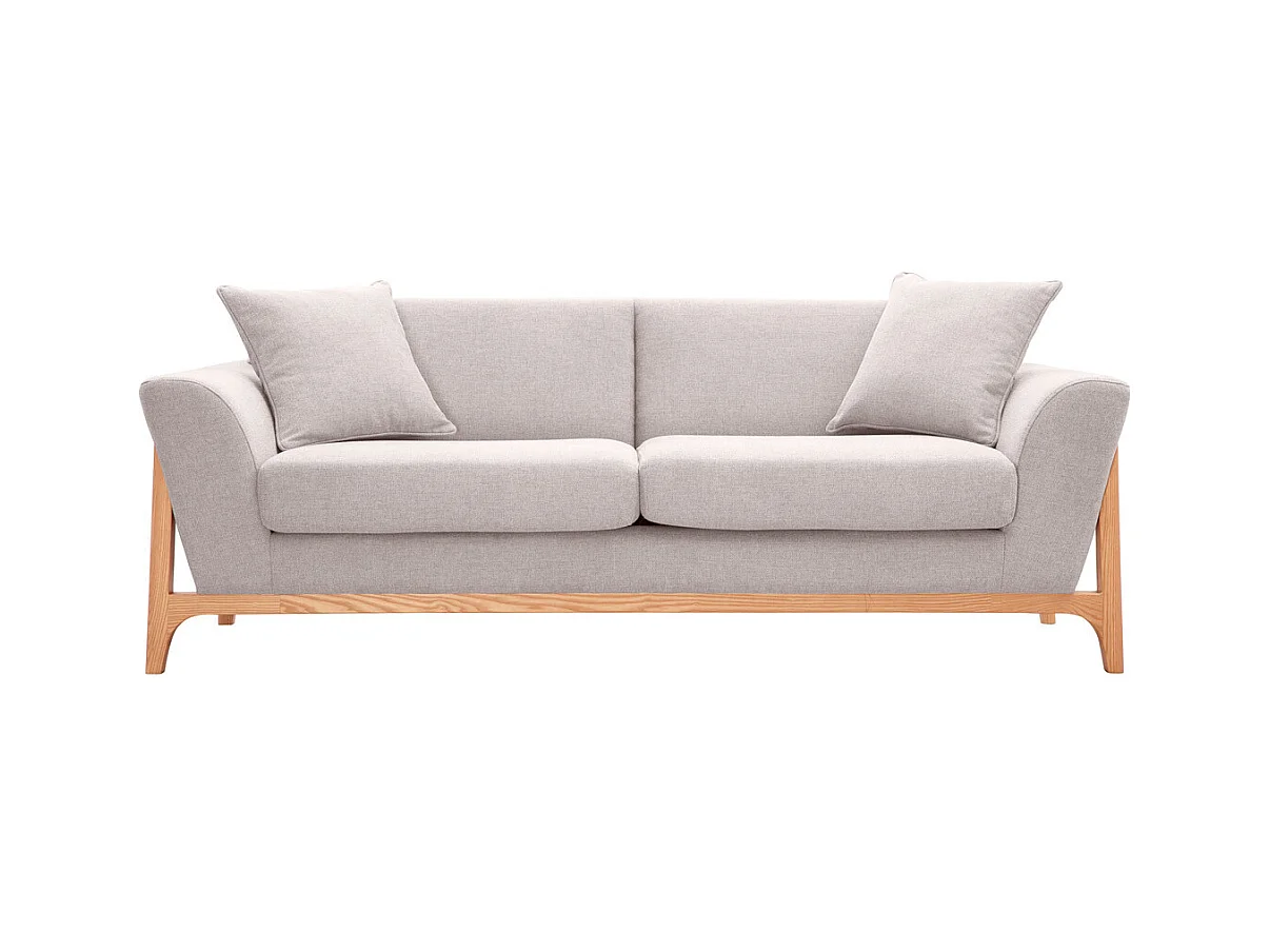 Canapé scandinave 3 places en tissu effet velours texturé beige et bois clair ASAKO