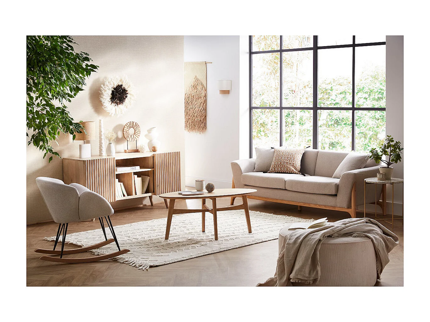 Divano scandinavo 3 posti beige e frassino ASAKO