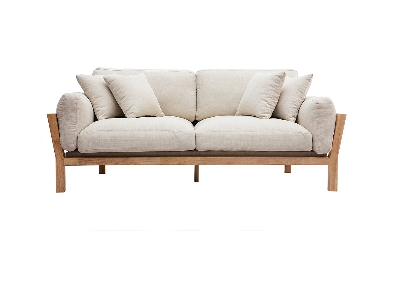 Canapé scandinave déhoussable 3 places en tissu blanc crème et bois clair KYO
