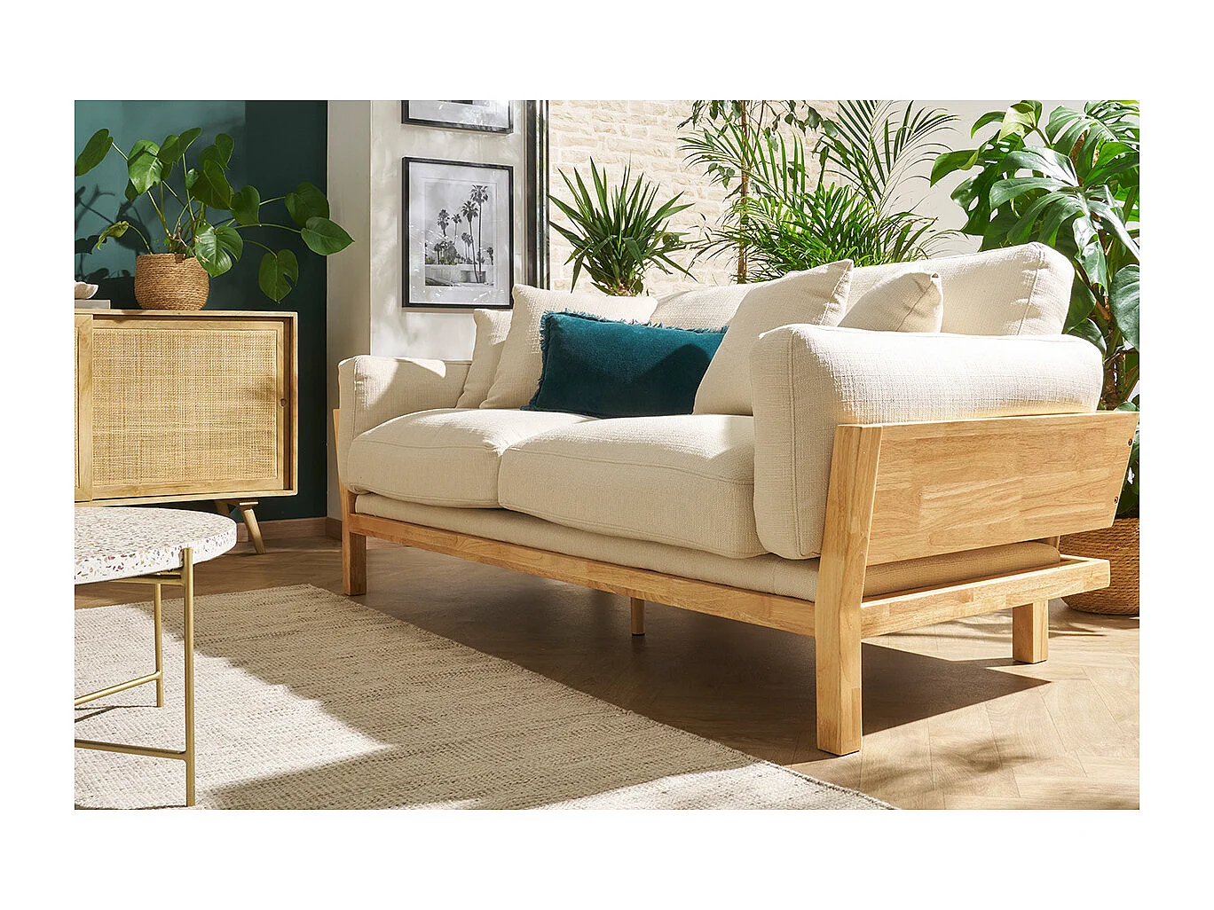 Sofá 3 plazas blanco crema patas madera KYO