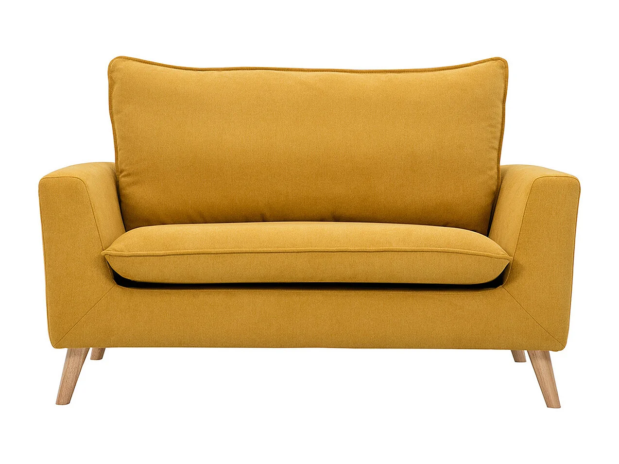 Skandinavisches Sofa aus senfgelbem Stoff mit Samteffekt und hellem Holz 2-Sitzer JONAS