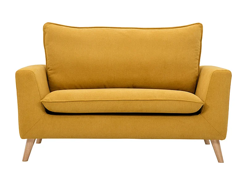Skandinavisches Sofa aus senfgelbem Stoff mit Samteffekt und hellem Holz 2-Sitzer JONAS
