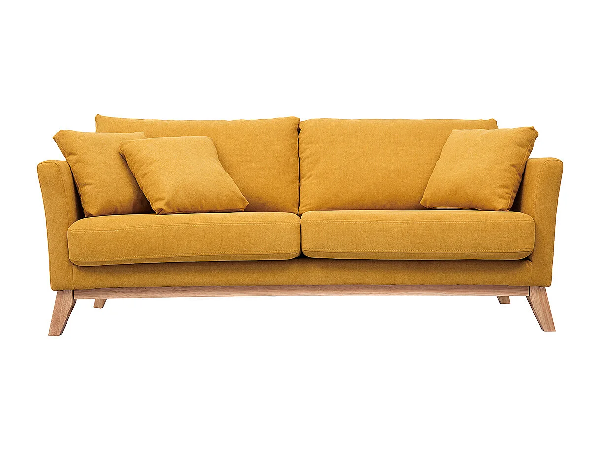 Canapé scandinave déhoussable 3 places en tissu effet velours jaune moutarde et bois clair OSLO