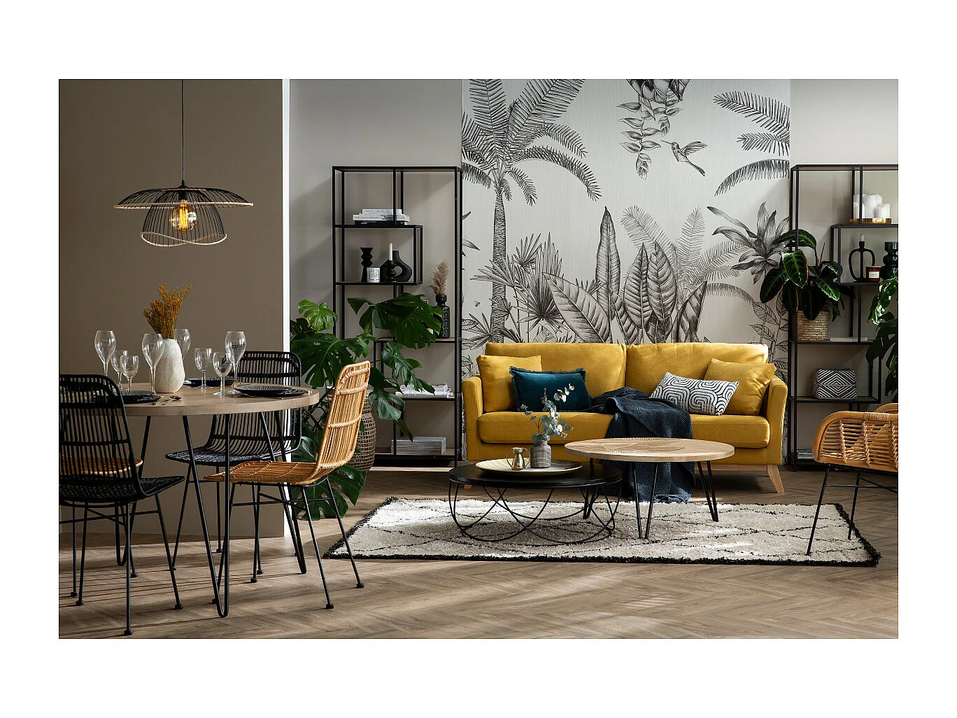 Canapé scandinave déhoussable 3 places en tissu effet velours jaune moutarde et bois clair OSLO