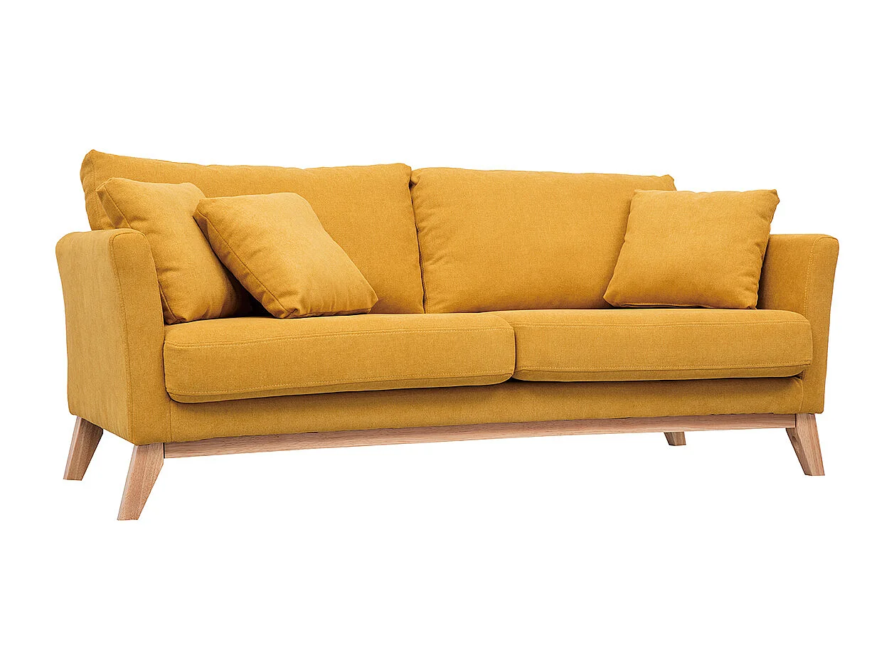 Canapé scandinave déhoussable 3 places en tissu effet velours jaune moutarde et bois clair OSLO