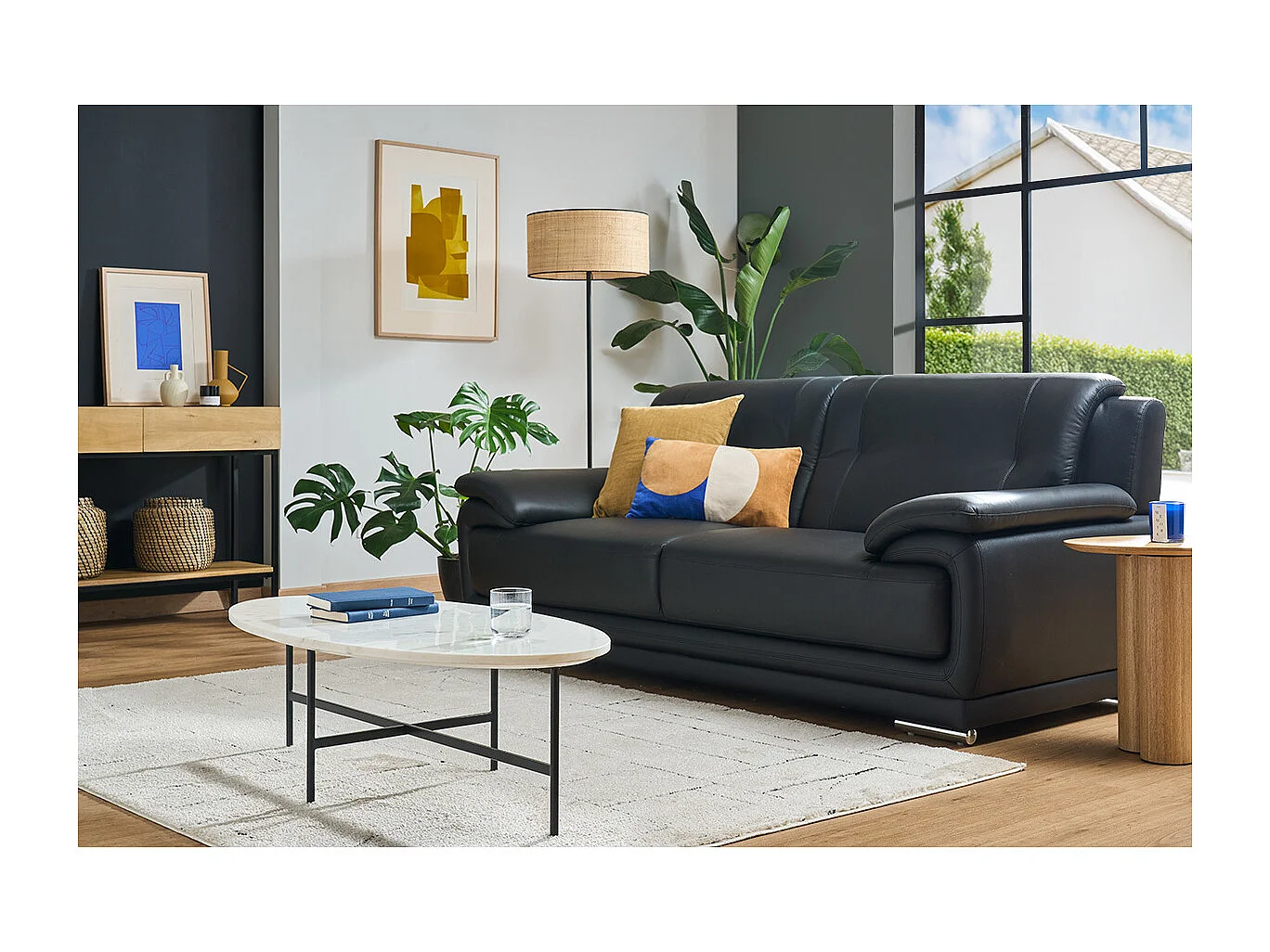 Divano pelle design 3 posti nero TAMARA - pelle di bufalo