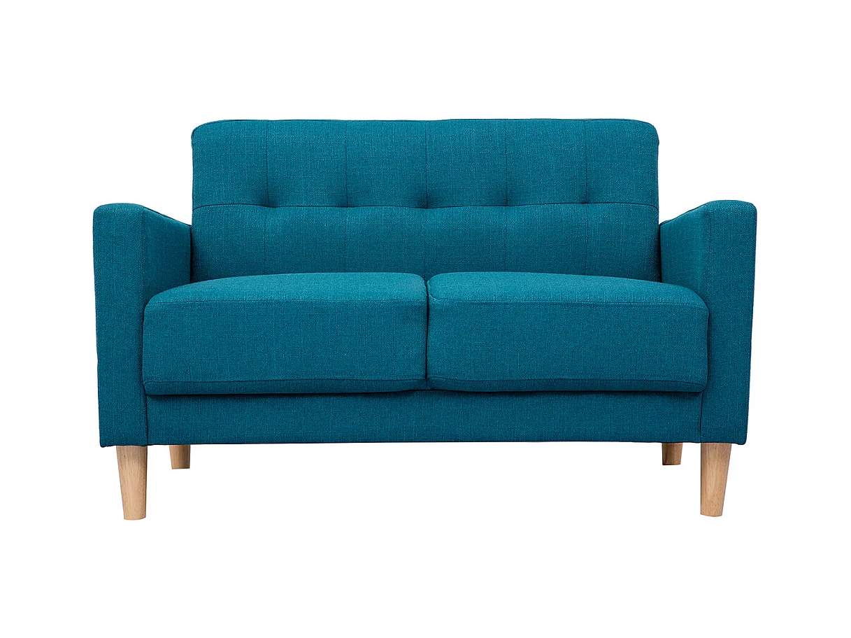 Canapé scandinave 2 places en tissu bleu canard et bois clair MOON