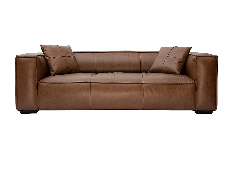 Canapé vintage 3 places cuir marron et bois noir COBAIN