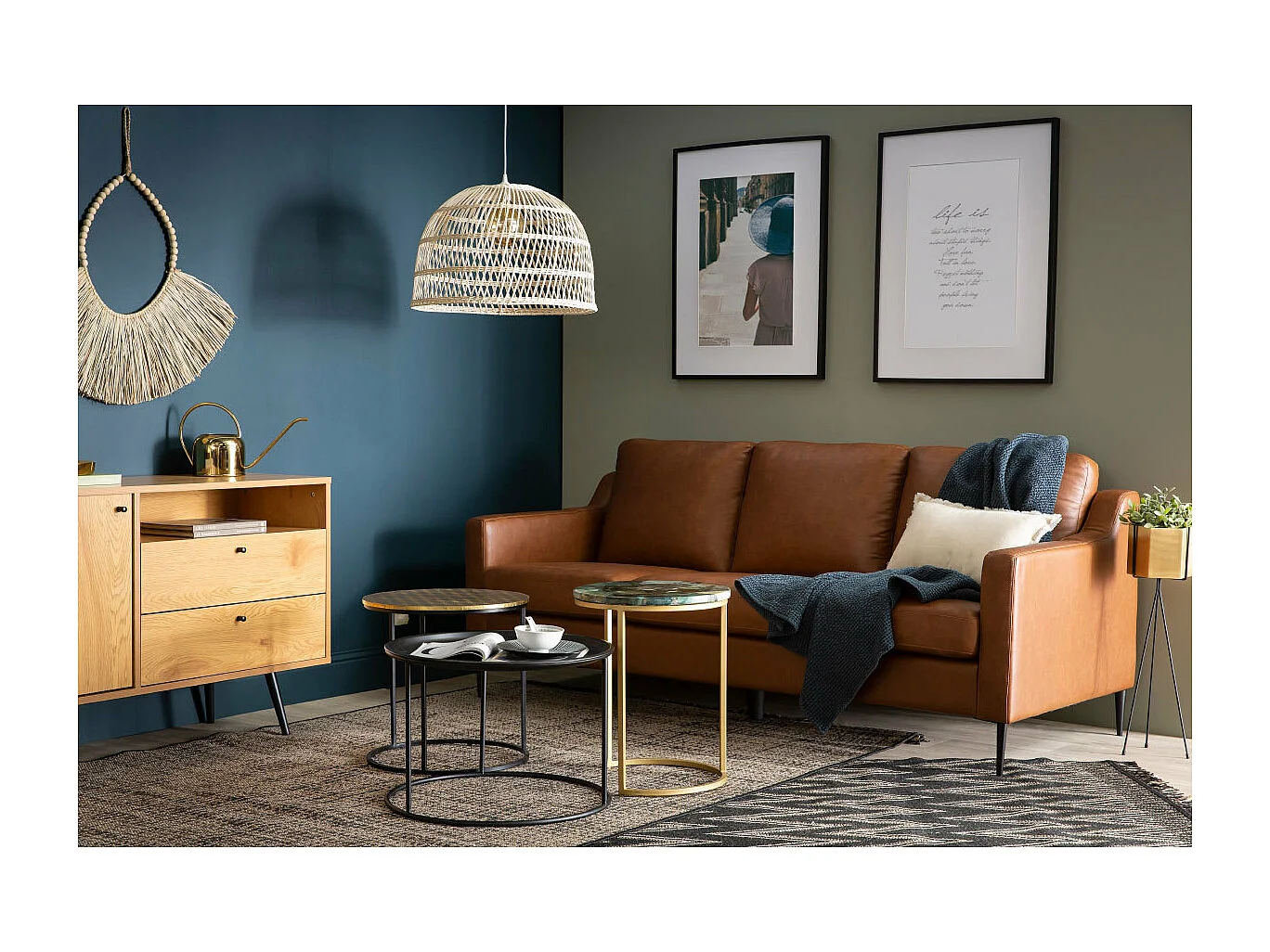 Canapé vintage 3 places cuir marron et bois noir OXMO