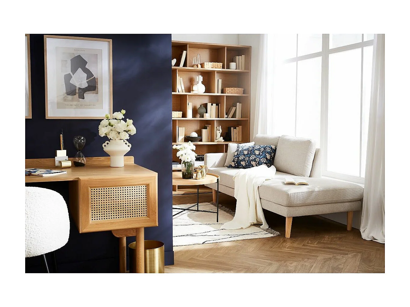 Méridienne scandinave en tissu effet velours texturé beige et bois clair BERTILLE