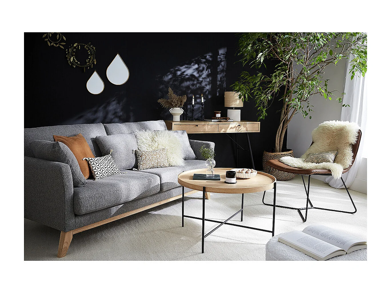 Sofá nórdico 3 plazas gris oscuro desenfundable patas madera OSLO