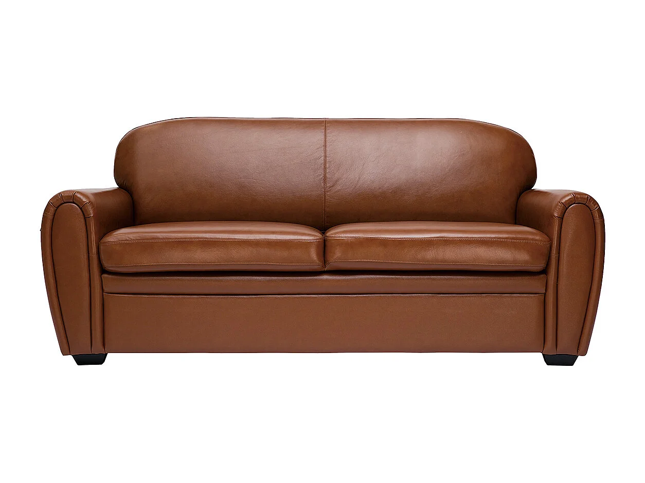 Canapé vintage 3 places cuir marron et bois noir CLUB