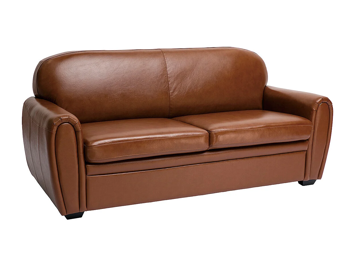 Canapé vintage 3 places cuir marron et bois noir CLUB