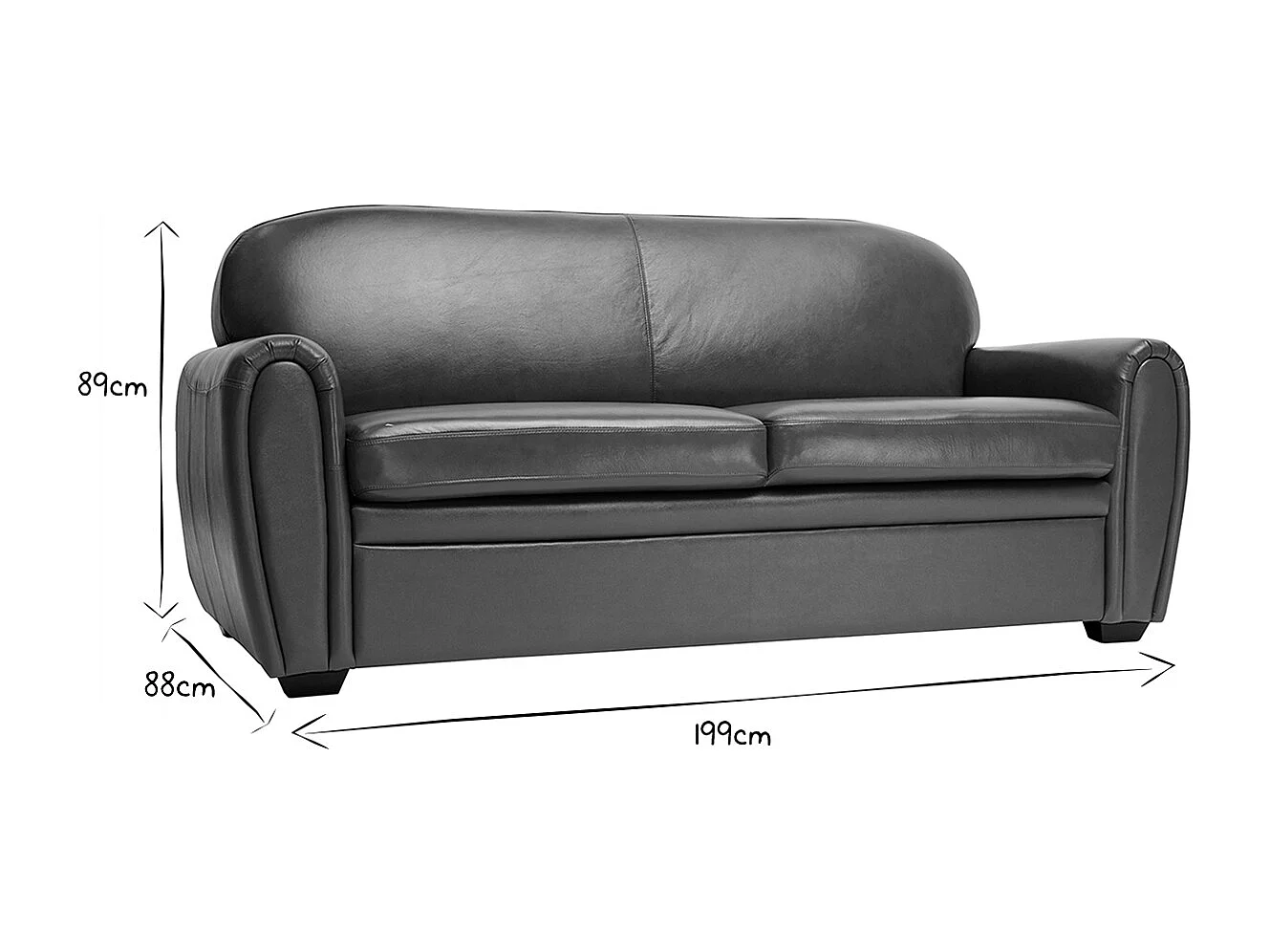 Canapé vintage 3 places cuir marron et bois noir CLUB