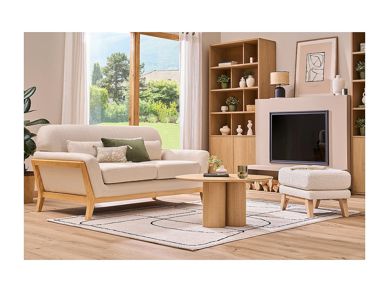 Canapé scandinave 2 places en tissu beige et bois clair YOKO