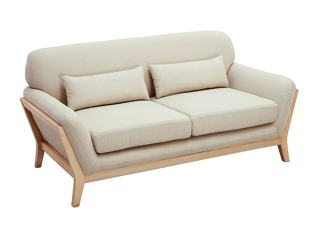Canapé scandinave 2 places en tissu beige et bois clair YOKO