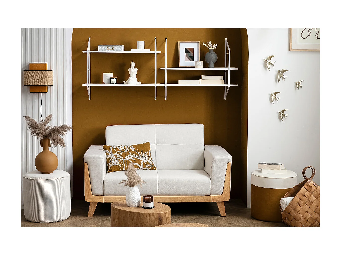 Canapé scandinave 2 places en tissu terracotta et bois clair FJORD