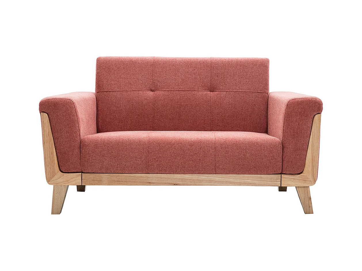 Canapé scandinave 2 places en tissu terracotta et bois clair FJORD