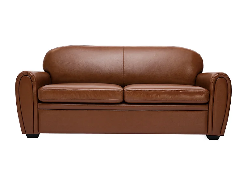 Canapé convertible vintage 3 places cuir marron et bois noir avec matelas 9 cm CLUB