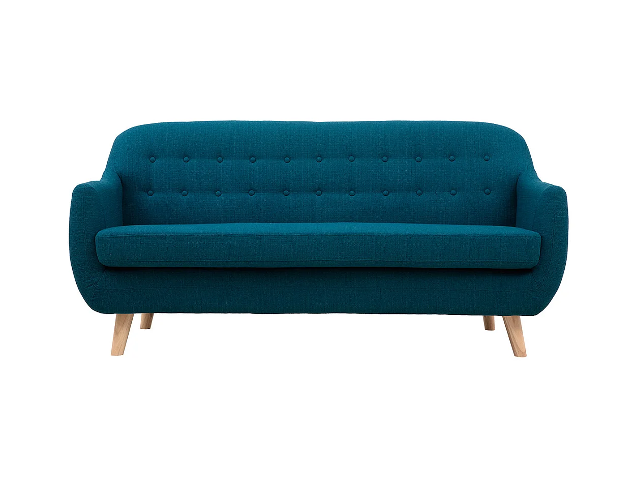 Canapé scandinave déhoussable 3 places en tissu bleu canard et bois clair YNOK