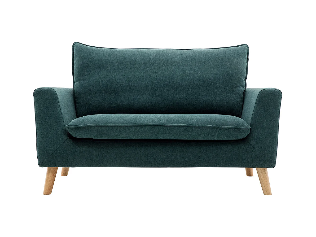 Canapé scandinave 2 places en tissu effet velours bleu canard et bois clair JONAS