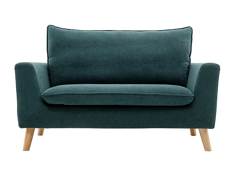 Canapé scandinave 2 places en tissu effet velours bleu canard et bois clair JONAS