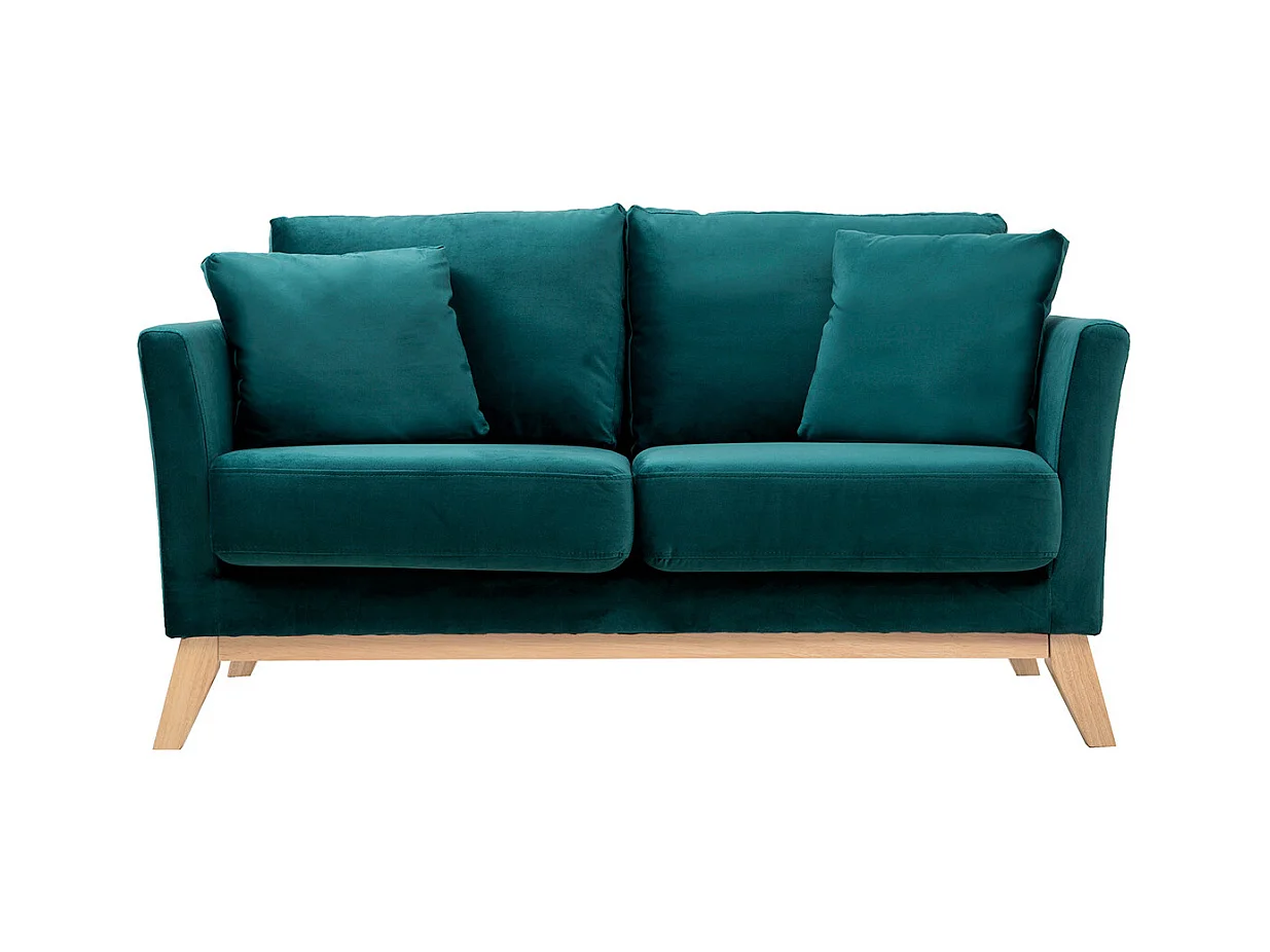Canapé scandinave déhoussable 2 places en tissu velours bleu pétrole et bois clair OSLO