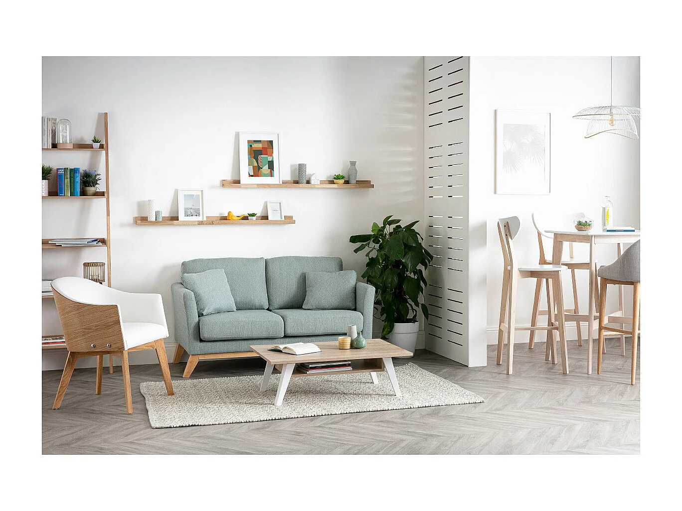 Canapé scandinave déhoussable 2 places en tissu velours bleu pétrole et bois clair OSLO