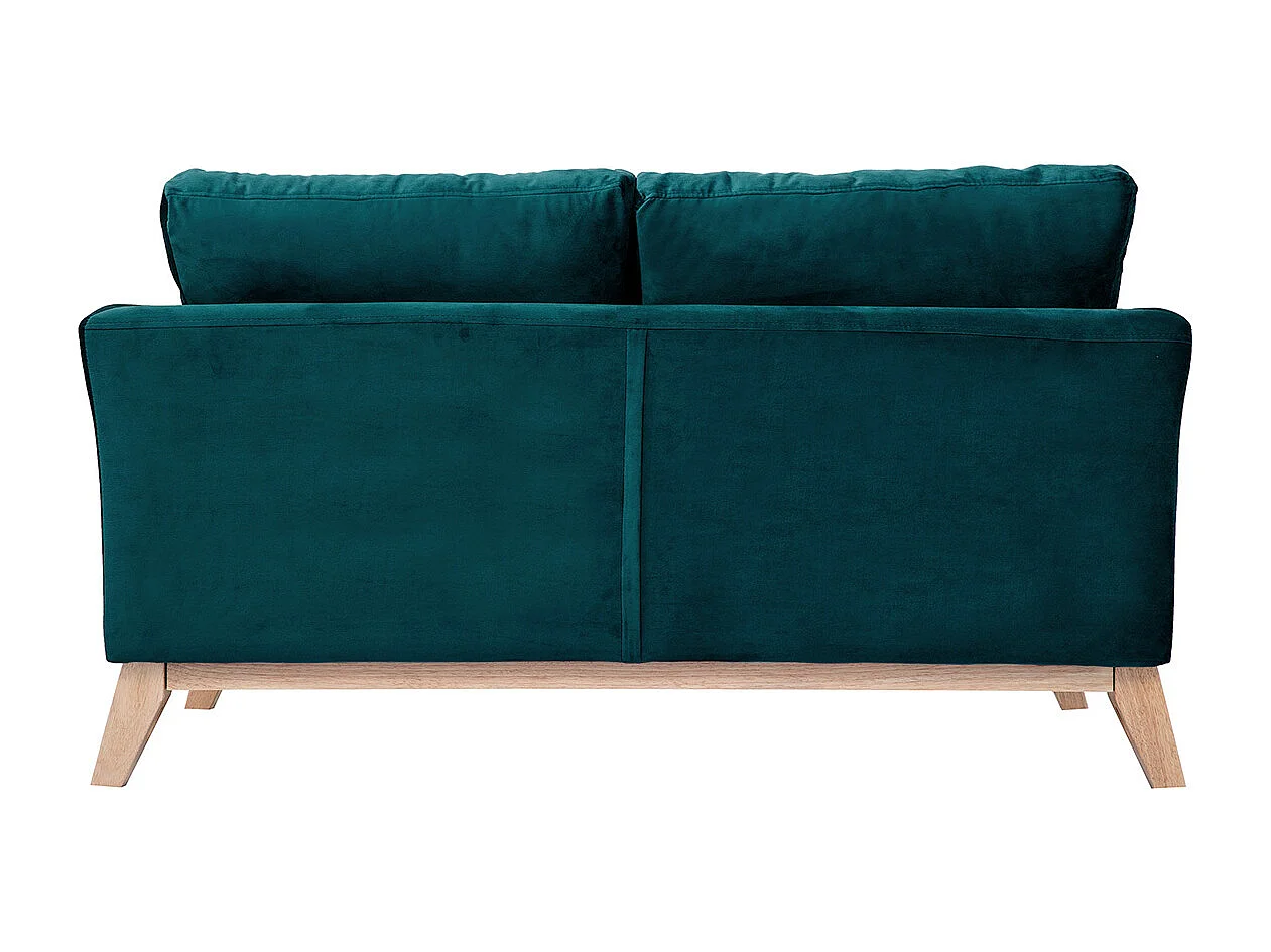 Canapé scandinave déhoussable 2 places en tissu velours bleu pétrole et bois clair OSLO