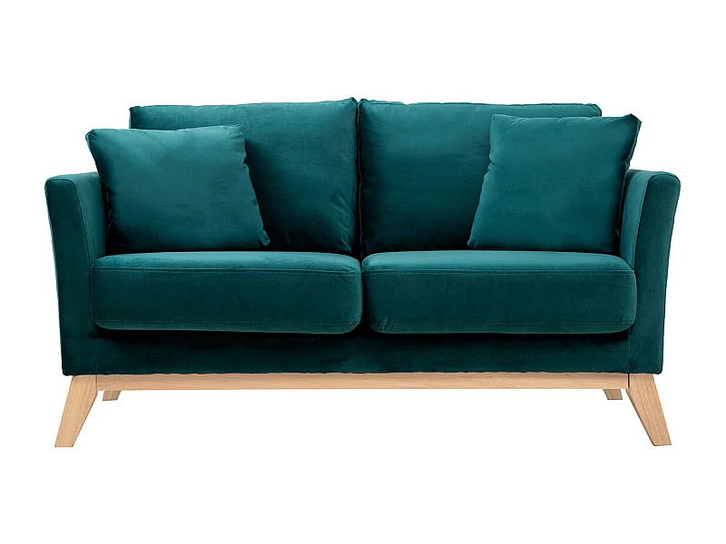 Canapé scandinave déhoussable 2 places en tissu velours bleu pétrole et bois clair OSLO