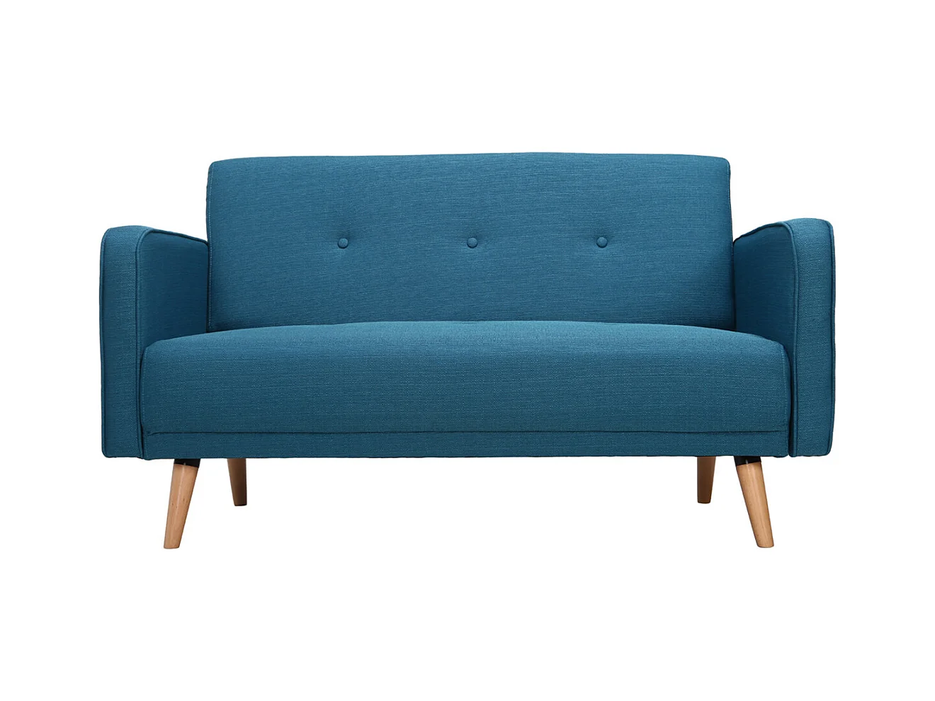 Canapé scandinave 2 places en tissu bleu canard et bois clair ULLA