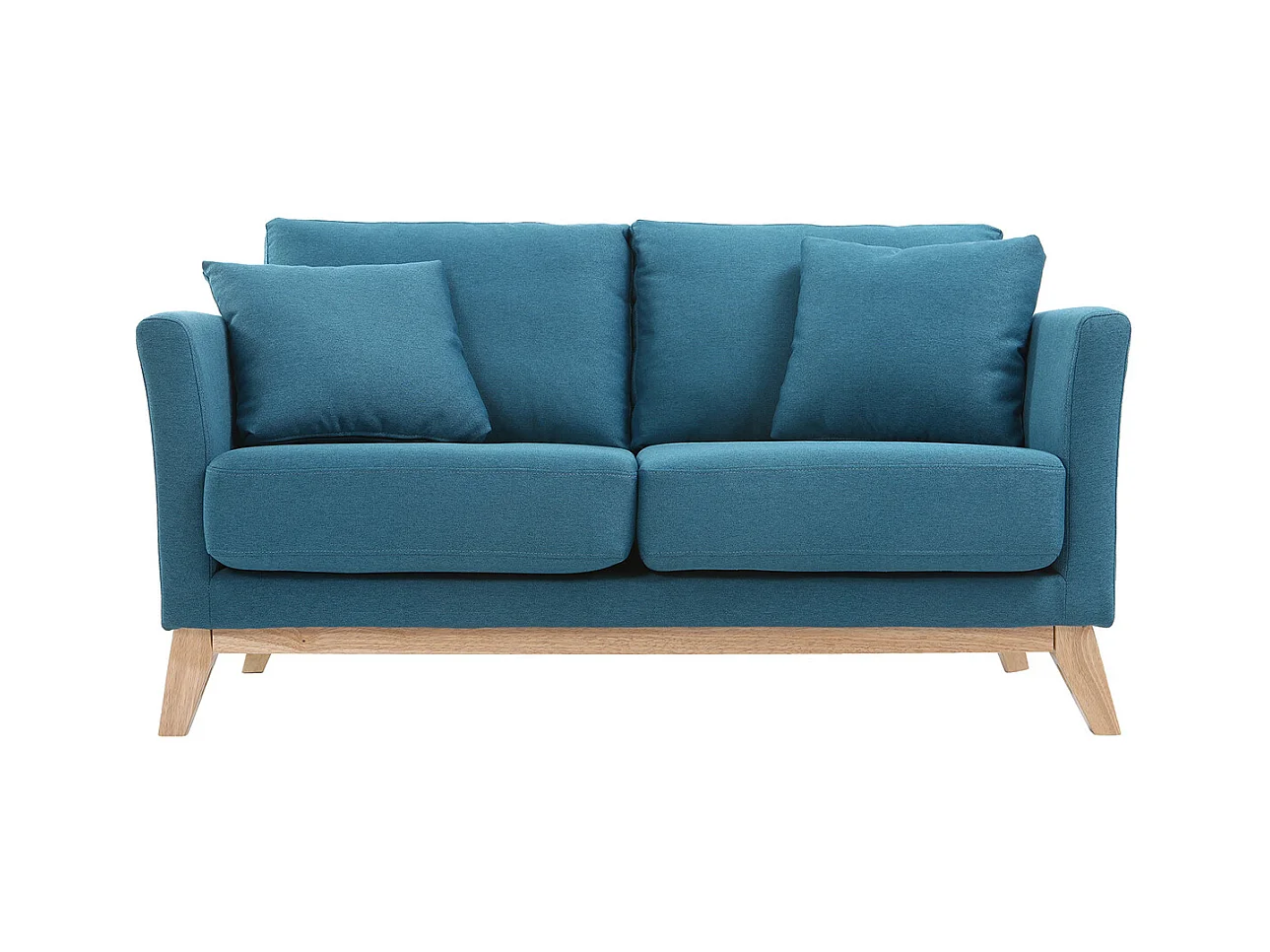 Canapé scandinave déhoussable 2 places en tissu bleu canard et bois clair OSLO