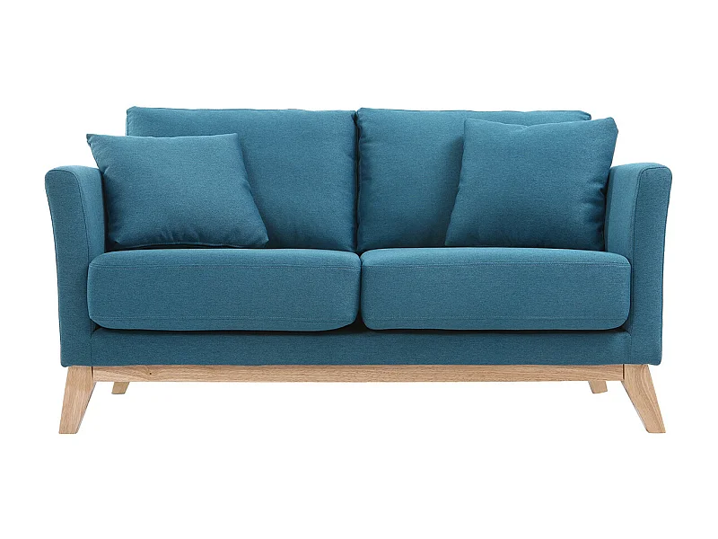 Canapé scandinave déhoussable 2 places en tissu bleu canard et bois clair OSLO