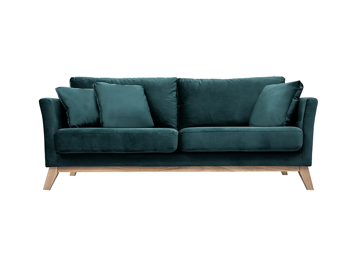 Canapé scandinave déhoussable 3 places en tissu velours bleu pétrole et bois clair OSLO